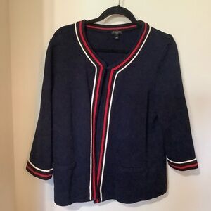 TALBOTS:  Navy Cardigan with Red and White Trim